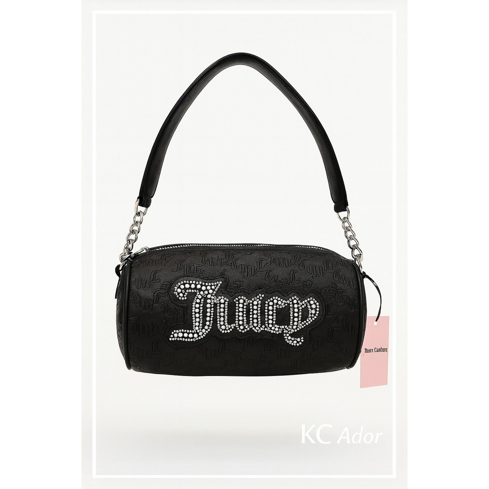 Juicy Couture Black Barrel Bag Rhinestone Logo‎ Embossed Shoulder Purse NWT